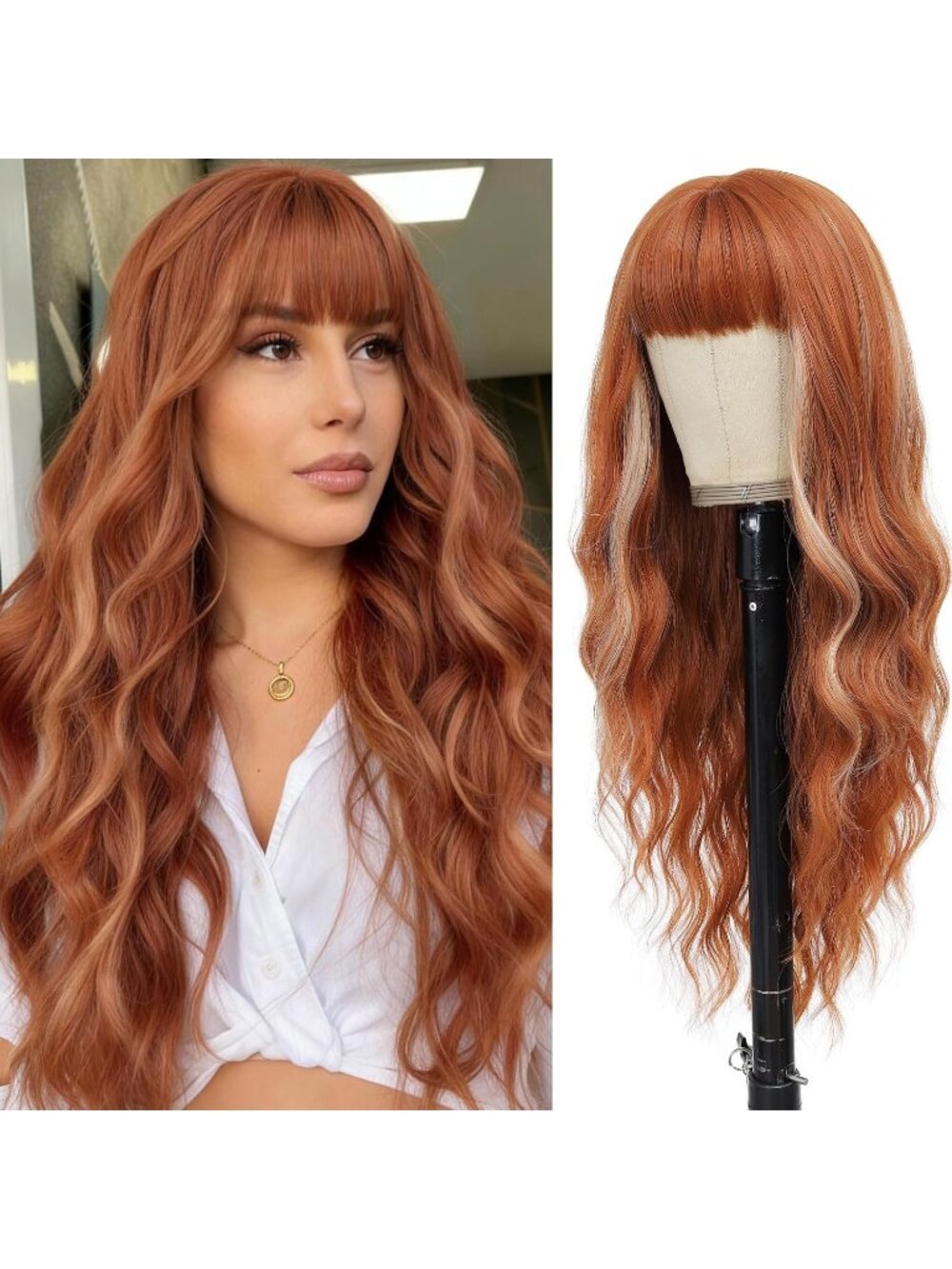 Women's Ginger 26 Inch Natural Looking Heat Resistant Synthetic Wigs Bangs